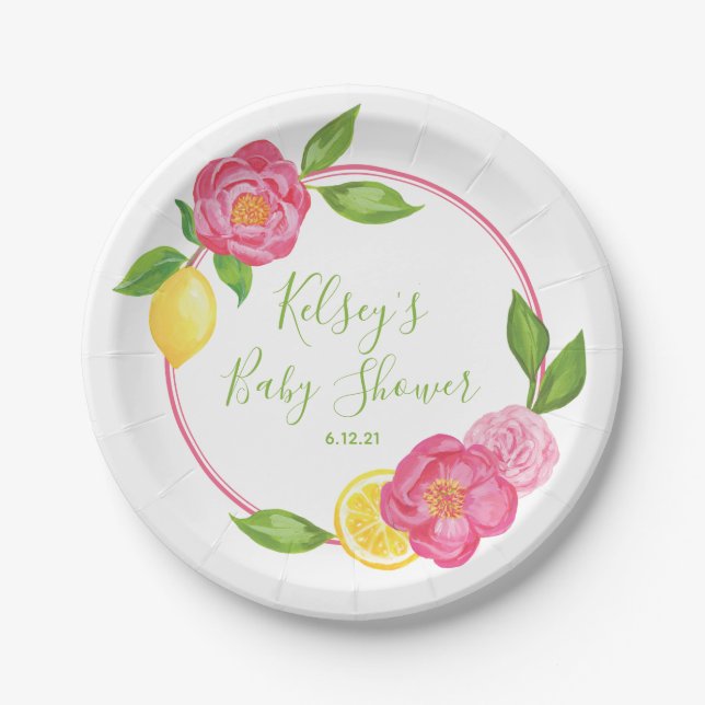 Citrus Lemon Floral Baby Shower Lemon Roses Paper  Plates (Front)