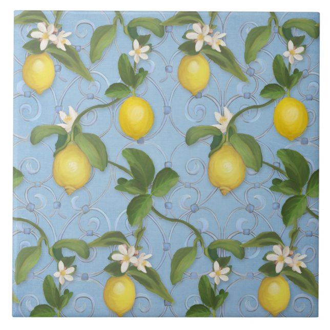 Citrus Lemon Floral Dusty Blue Greenery Pattern Ceramic Tile (Front)