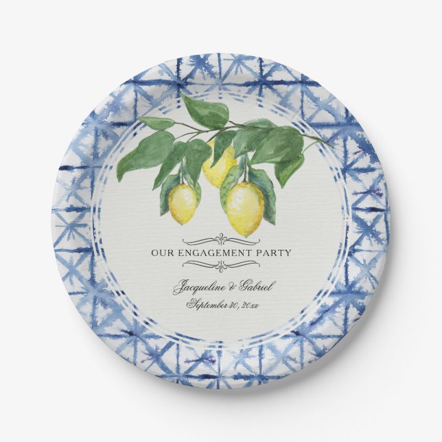 Citrus Lemon Floral Foliage Blue White Engagement Paper Plates (Front)