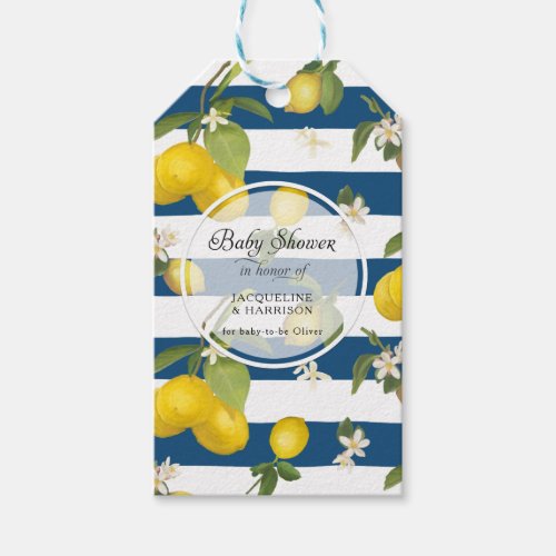 Citrus Lemon Floral Foliage Navy Stripe Thank You Gift Tags