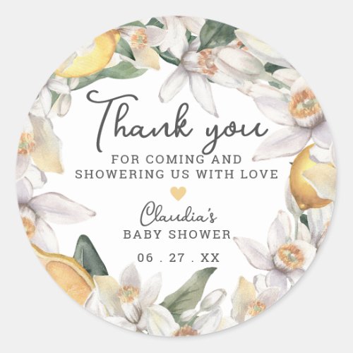 Citrus Lemon Floral Watercolor Baby Shower Classic Round Sticker