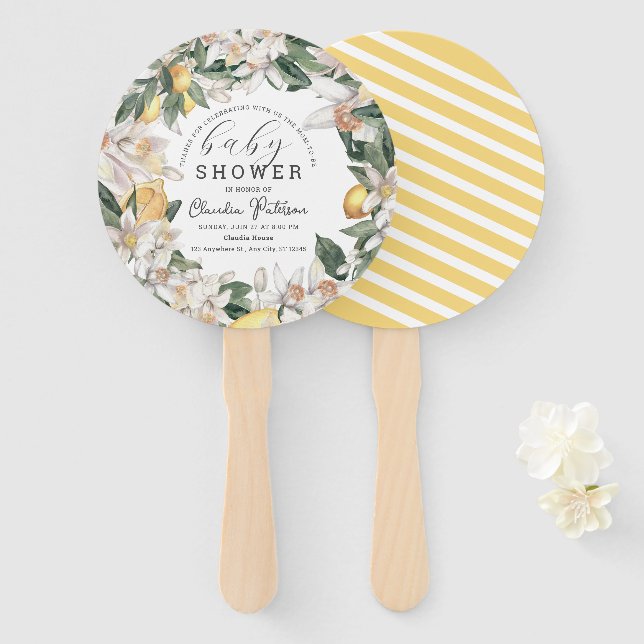 Citrus Lemon Floral Watercolor Baby Shower Hand Fan (Front and Back)