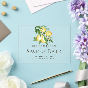 Citrus Lemon Floral Watercolor Save the Date Acrylic Invitations