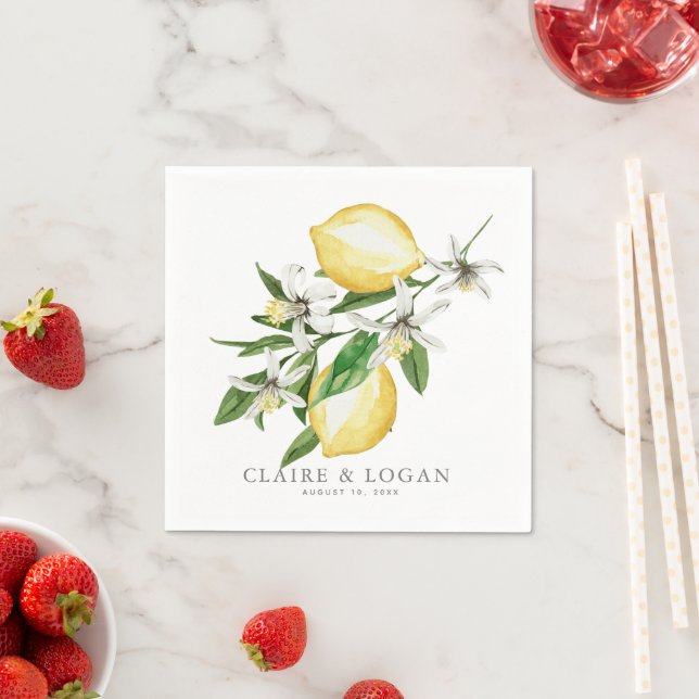 Citrus Lemon Floral Watercolor Wedding Napkins (Insitu)
