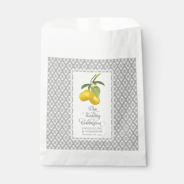 Citrus Lemon Flowers Yellow Gray White Wedding Favor Bag (Front)