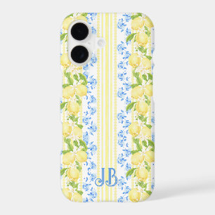 Citrus Lemon Fruit Blue Toile Monogram Stripe iPhone 17 Case