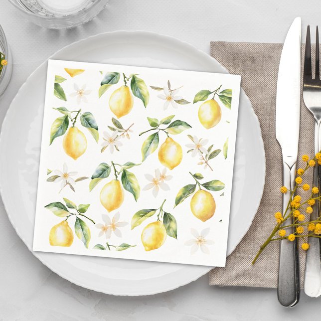 Citrus Lemon Fruit Floral Botanical Pattern Napkins (In situ)