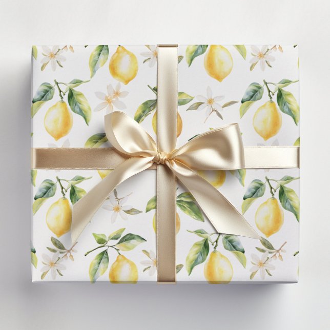 Citrus Lemon Fruit Floral Botanical Pattern Wrapping Paper Sheets (In situ)