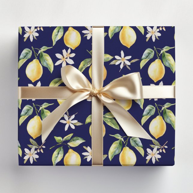 Citrus Lemon Fruit Floral Botanical Pattern Wrapping Paper Sheets (In situ)