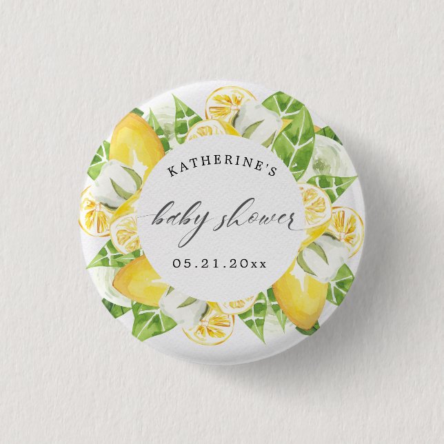 citrus lemon fruit flower baby shower monogram  button (Front)