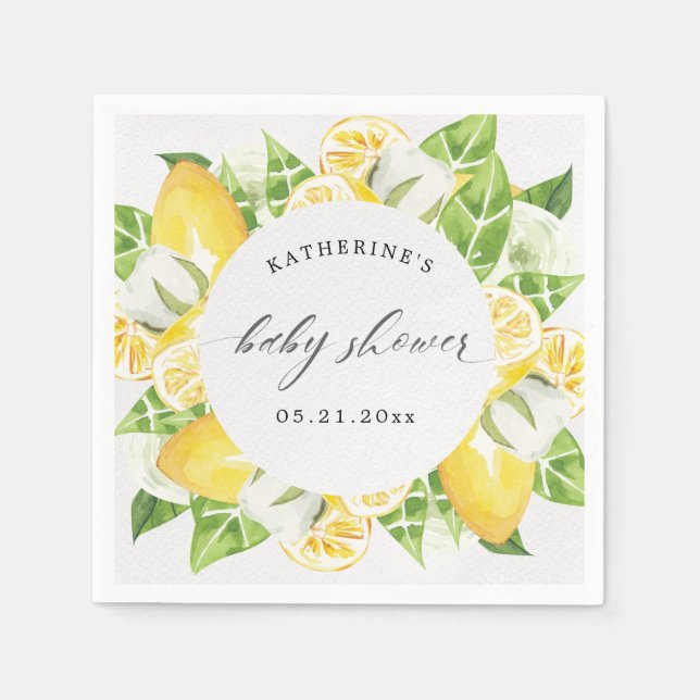 citrus lemon fruit flower baby shower monogram  napkins (Front)