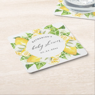 citrus lemon fruit flower baby shower monogram square paper coaster