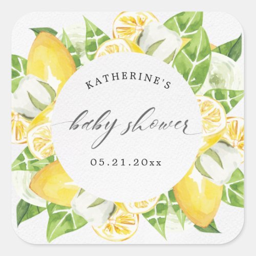 citrus lemon fruit flower baby shower monogram  square sticker