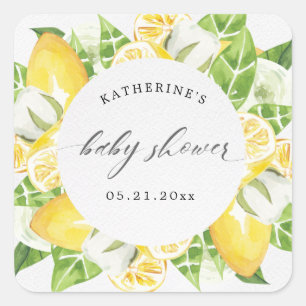 citrus lemon fruit flower baby shower monogram square sticker