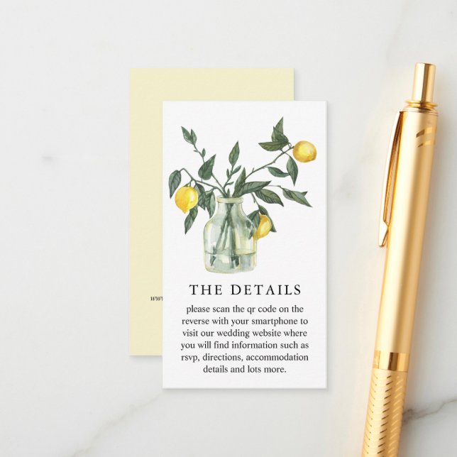 Citrus Lemon Greenery QR Code Wedding Enclosure Card (Front/Back In Situ)