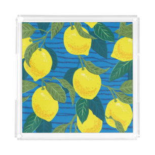 Citrus Lemon: Hand-Drawn Vintage Seamless. Acrylic Tray