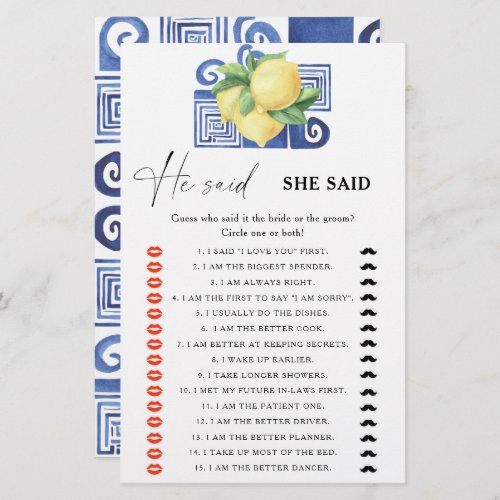 Citrus lemon _ He said she said bridal shower game