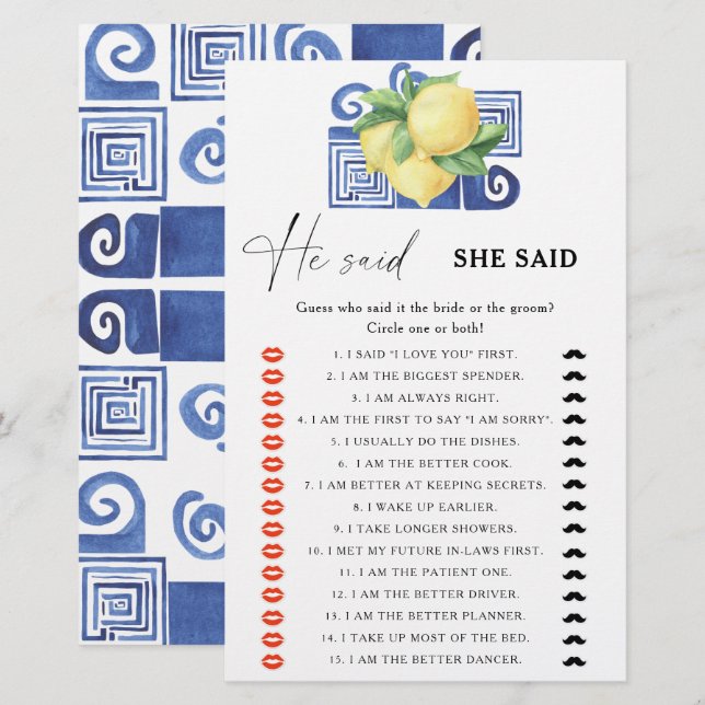 Citrus lemon - He said she said bridal shower game (Front/Back)