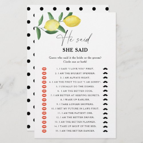 Citrus lemon _ He said she said bridal shower game