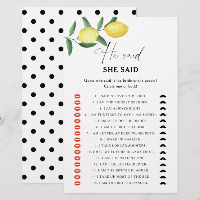 Citrus lemon - He said she said bridal shower game (Front/Back)