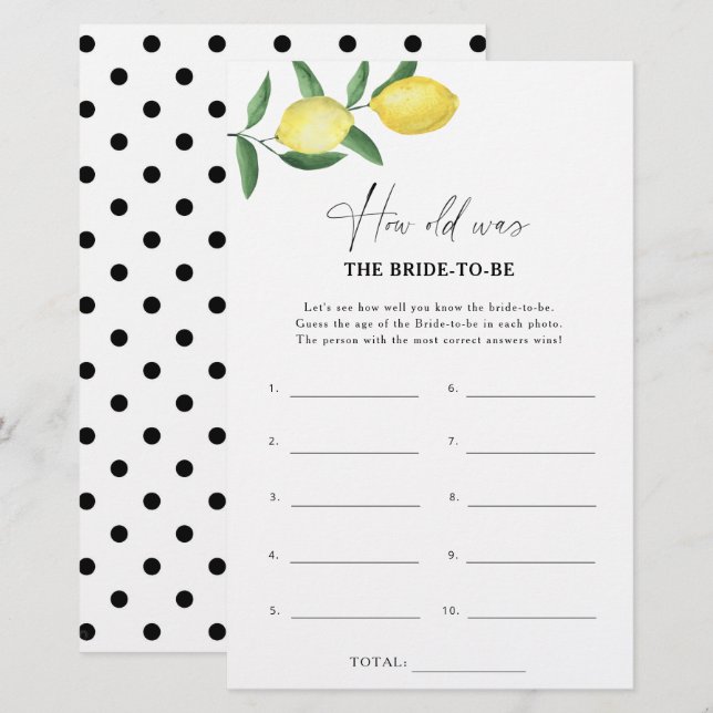 Citrus lemon - How old was the bride to be game (Front/Back)