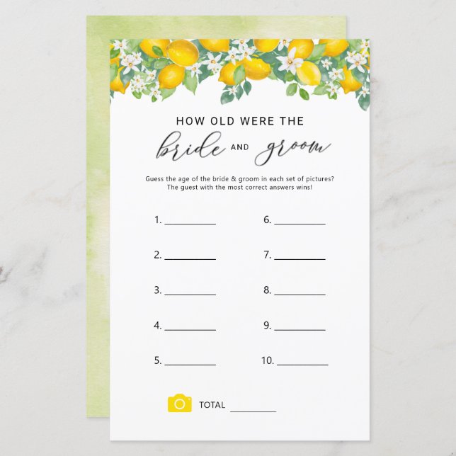 Citrus Lemon How Old Were They Bridal Game (Front/Back)