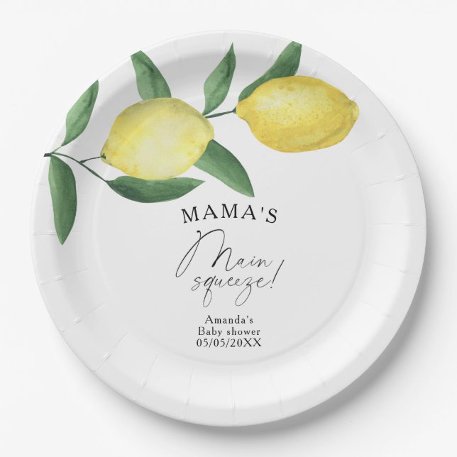 Citrus Lemon - Mama's main squeeze baby shower Paper Plates (Front)