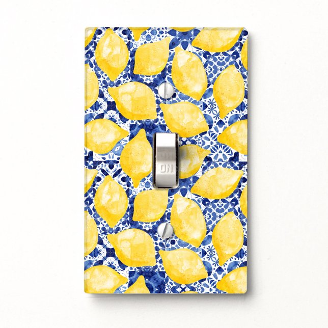 Citrus Lemon Mediterranean Blue Tile Watercolor Light Switch Cover (Citrus lemon and Mediterranean blue and white tile pattern watercolor art light switch cover plate)