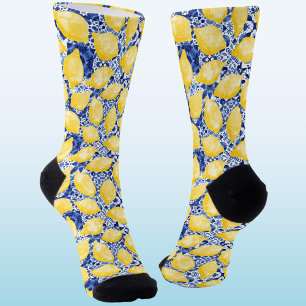 Citrus Lemon Mediterranean Blue Tile Watercolor Socks