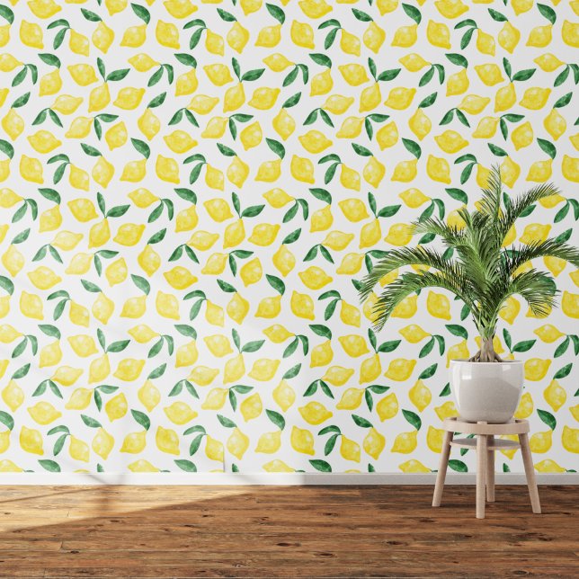 Citrus Lemon Mediterranean Yellow White Watercolor Wallpaper (Citrus lemon watercolor art wallpaper)