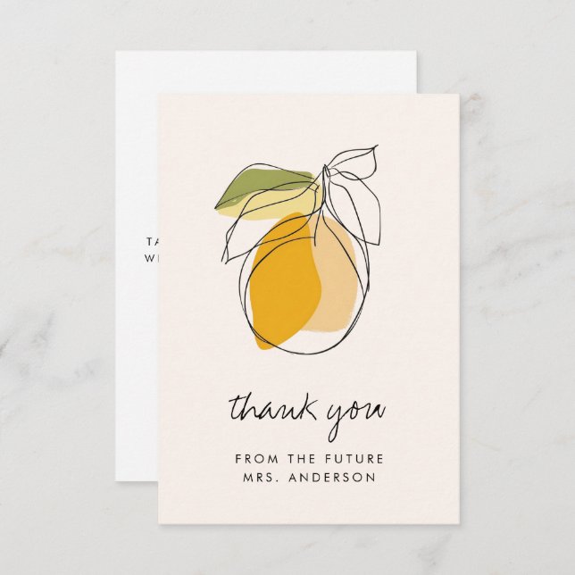 Citrus Lemon Modern Line Drawing Bridal Shower Thank You Card (Front/Back)