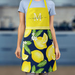 Citrus Lemon Monogram Navy Blue Apron<br><div class="desc">This monogram apron features a watercolor lemon pattern with solid yellow at the top where your initial and name can be added.</div>