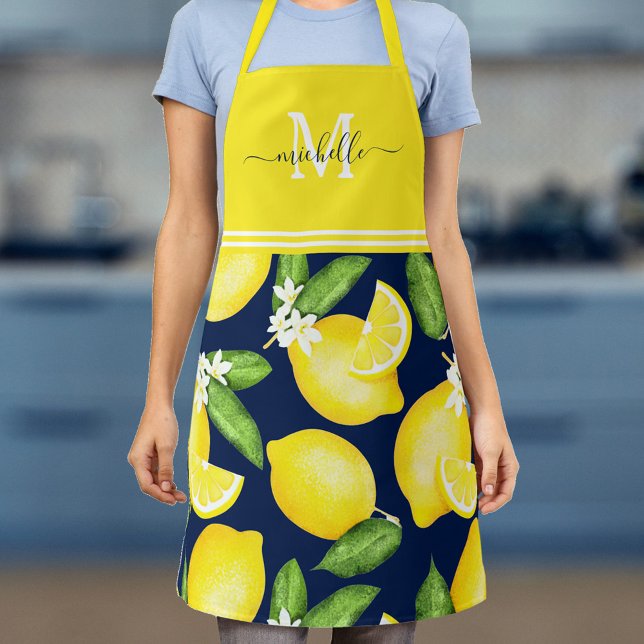 Citrus Lemon Monogram Navy Blue Apron (Creator Uploaded)
