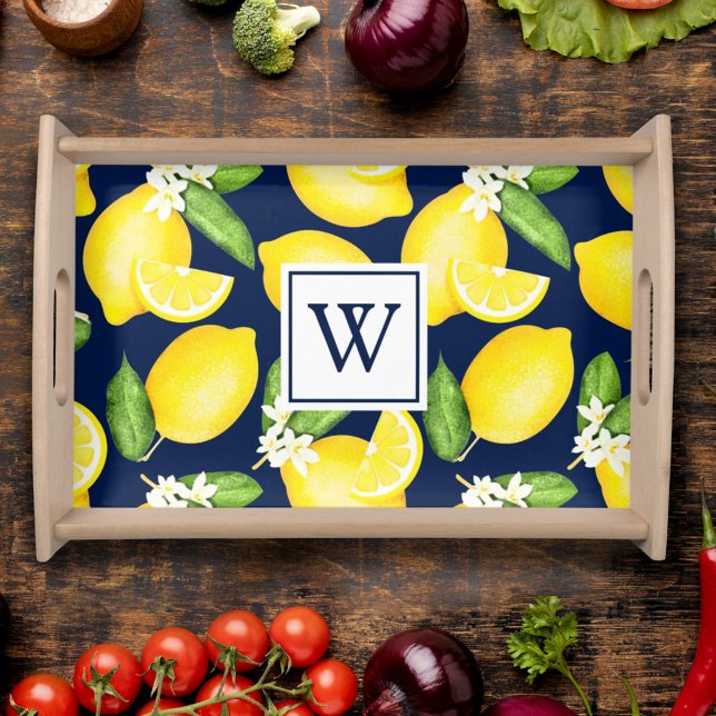 Citrus Lemon Monogram Navy Blue Serving Tray (Creator Uploaded)