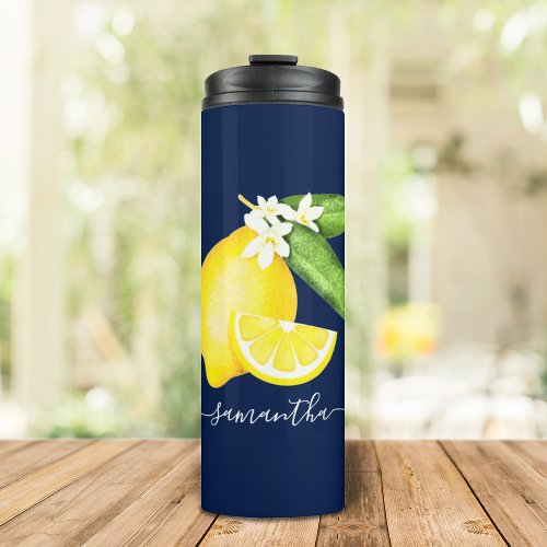 Citrus Lemon Monogram Navy Blue Thermal Tumbler