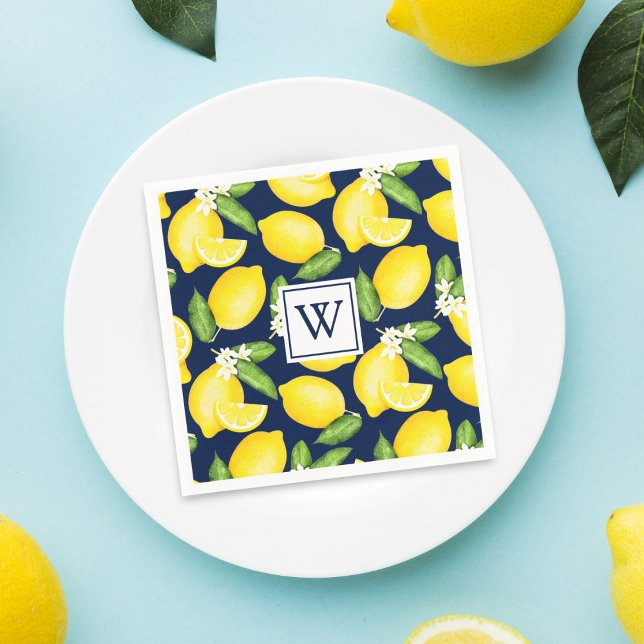 Citrus Lemon Navy Blue Monogram Napkins (Creator Uploaded)