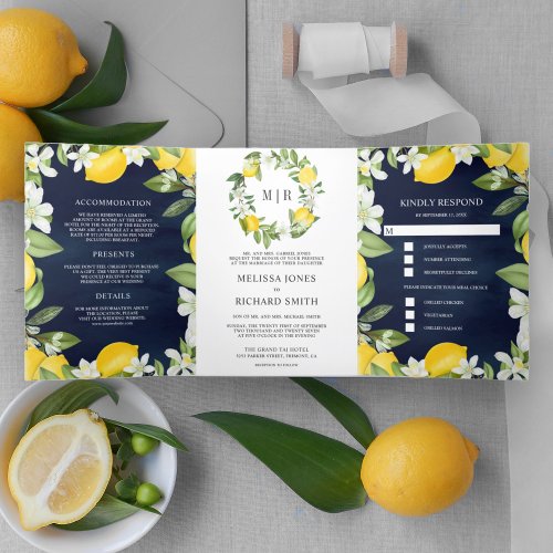 Citrus Lemon Orchard All in One Navy Blue Wedding Tri_Fold Invitation