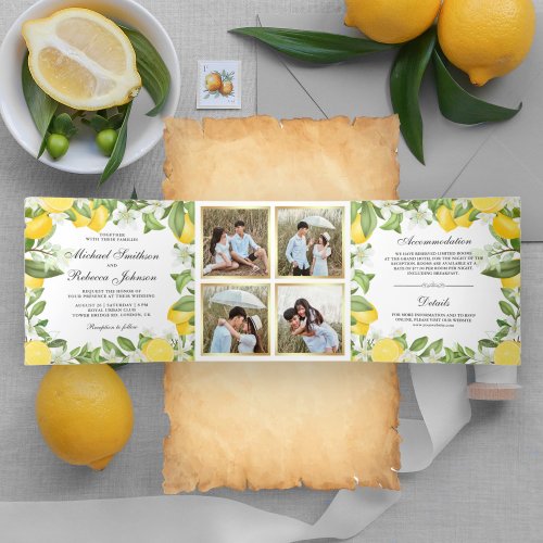 Citrus Lemon Orchard Photo Collage Wedding Tri_Fold Invitation