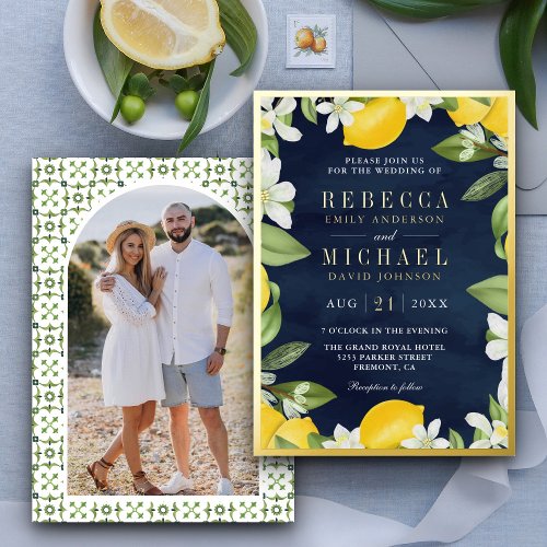 Citrus Lemon Orchard Photo Navy Blue Wedding Gold Foil Invitation