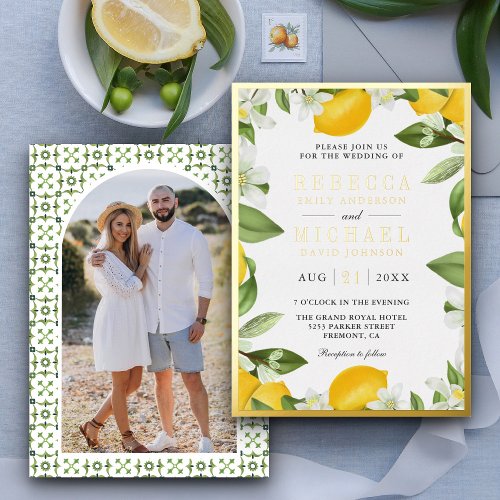 Citrus Lemon Orchard Photo Wedding Gold Foil Invitation