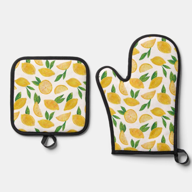 Citrus Lemon pattern Oven Mitt & Pot Holder Set (Front)