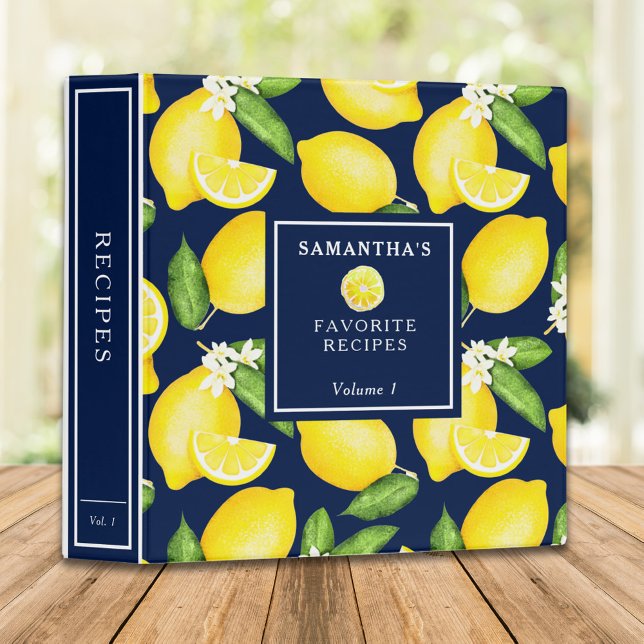 Citrus Lemon Pattern Recipe Navy Blue 3 Ring Binder (Creator Uploaded)