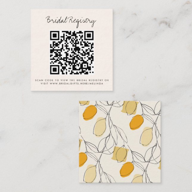 Citrus Lemon QR Code Online Bridal Registry Gift Enclosure Card (Front/Back)