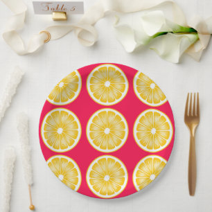 Citrus Lemon Slice Hot Pink & Yellow Paper Plates