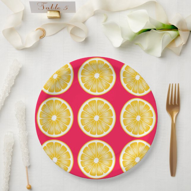 Citrus Lemon Slice Hot Pink & Yellow Paper Plates (Wedding)