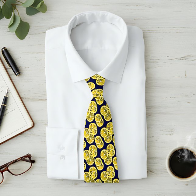 Citrus Lemon Slices Pattern on Dark Blue Backdrop Neck Tie (Creator Uploaded)