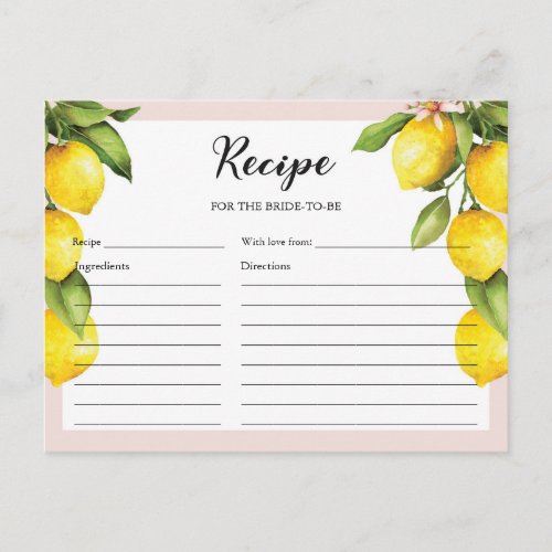 Citrus lemon summer bridal shower recipe card