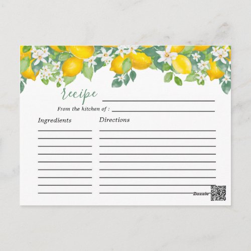 Citrus Lemon Theme Bridal Shower Recipe Card