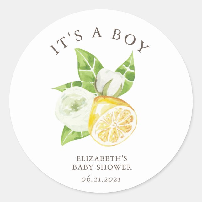 citrus lemon tree baby shower It's a Boy Sticker (Front)