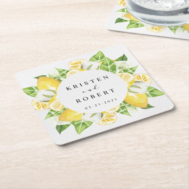 Citrus Lemon Tree Fruit Floral Wedding Square Paper Coaster (Angled)